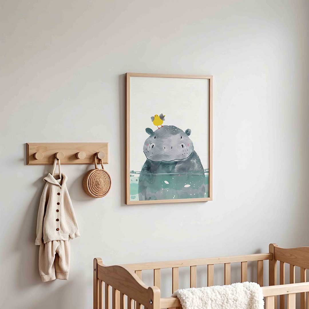 Nijlpaard met vogel – kinderposter in staand formaat