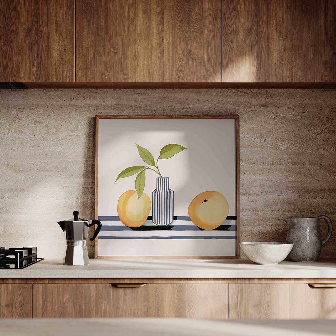 Fruit en vaas – culinaire wandkunst als vierkante poster