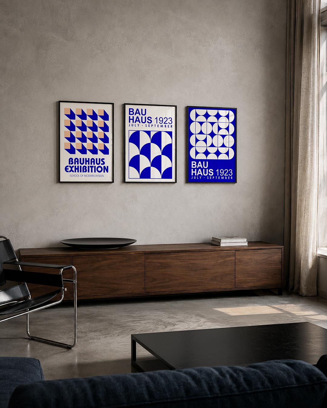 Vormen en vlakken posterset – tweede productweergave – deze posterset in drie delen toont een ritmisch patroon van blauwe en