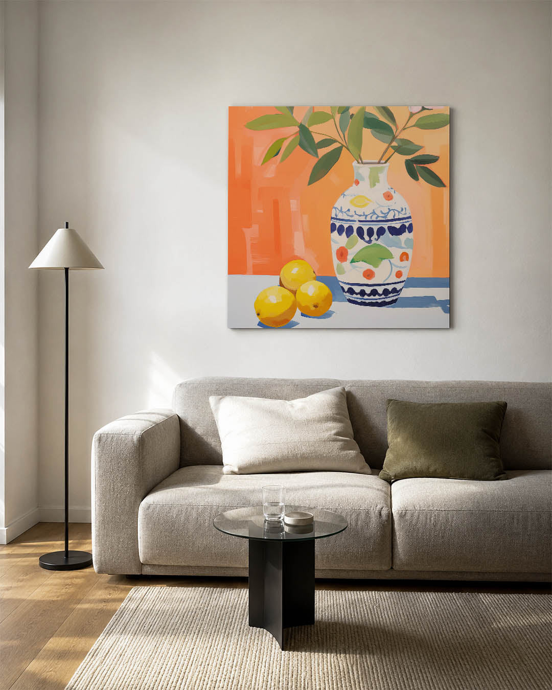Vaas met citroenen kunstwerk – detailweergave – dit werk toont een vaas met groene bladeren en citroenen tegen een levendige