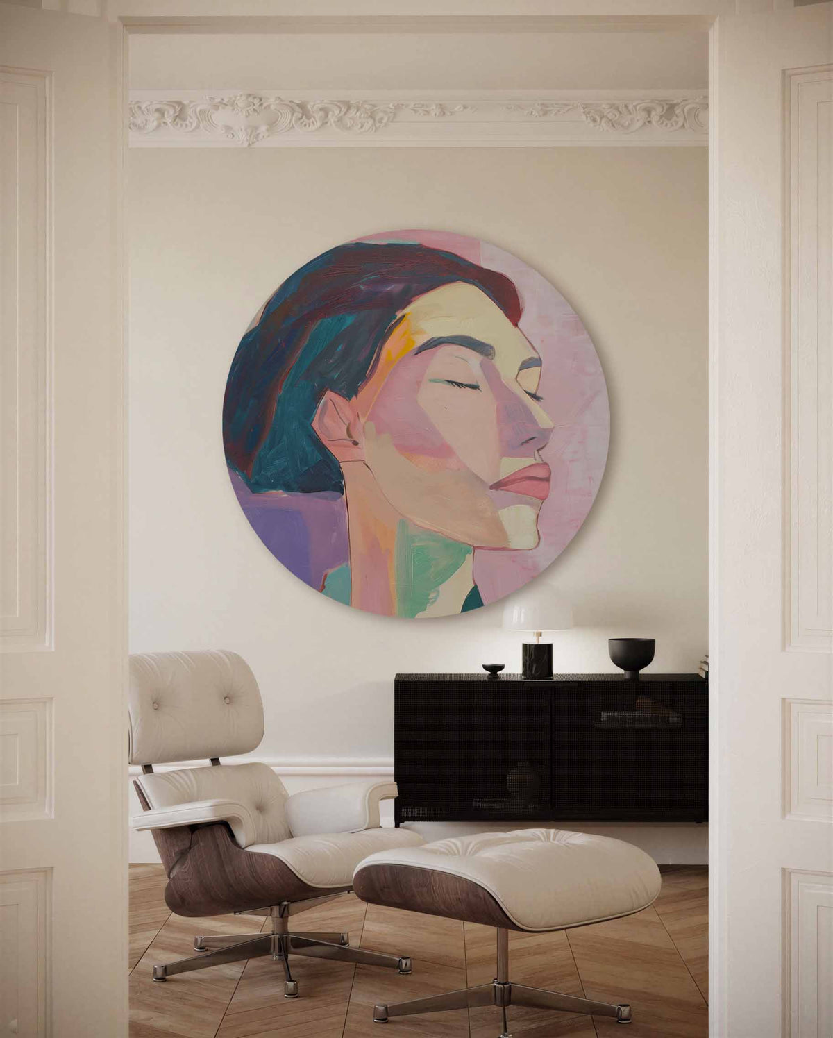 Portret in pastel – muurcirkel met kleur en vormen voor aan de muur