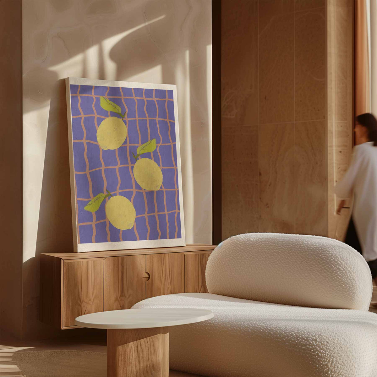 Citroenen op Blauw Ruitpatroon – dibond wanddecoratie in staand formaat