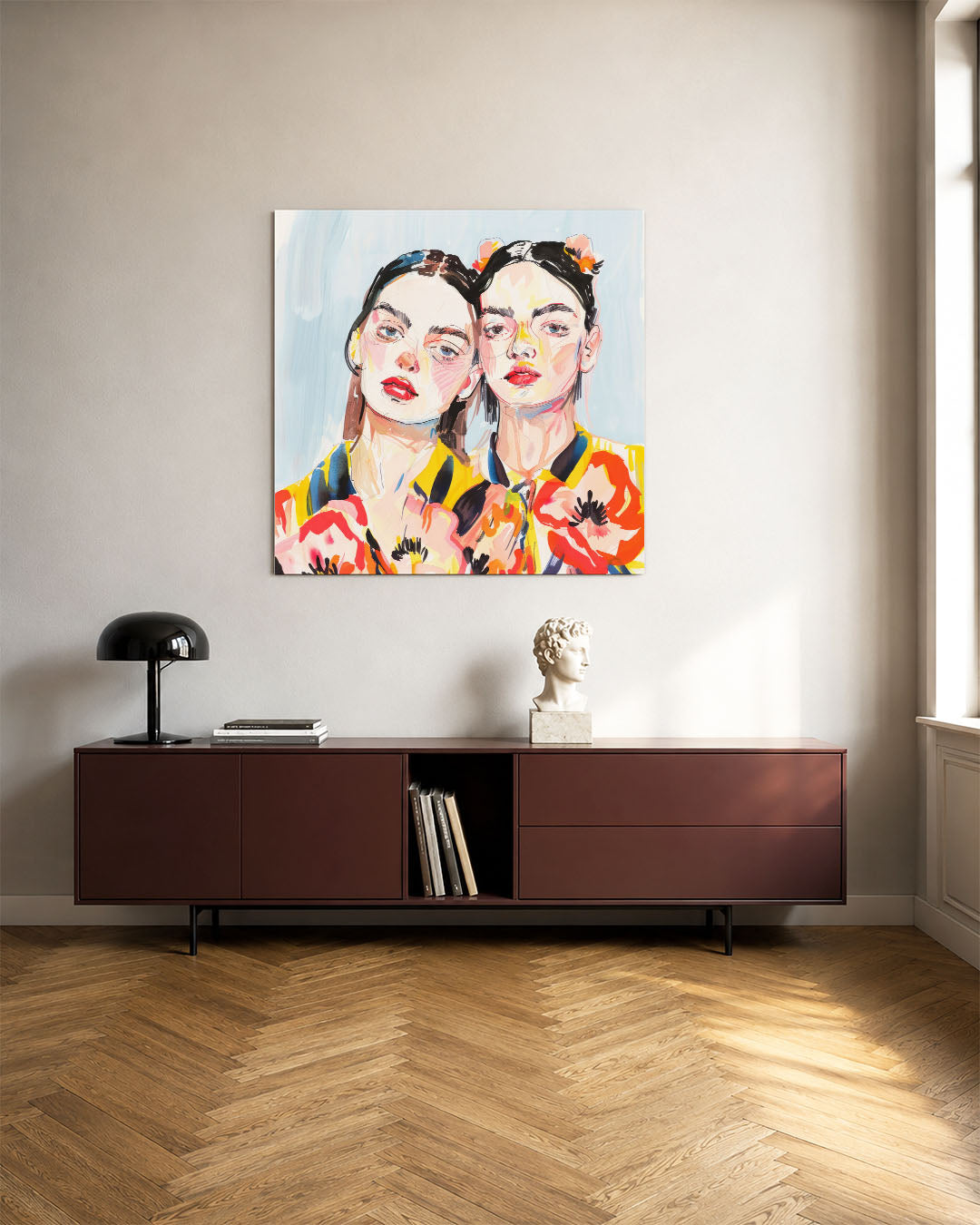 Portretten kunstwerk – tweede productweergave – dit werk toont twee gezichten met levendige kleuren en gedurfde lijnen, die