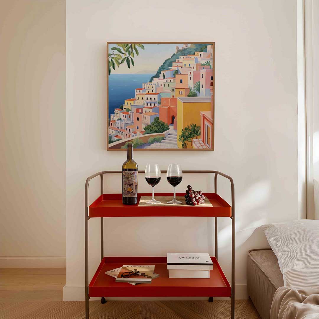 Gekleurde huizen aan zee – vierkante keuken wanddecoratie van WallArtistic