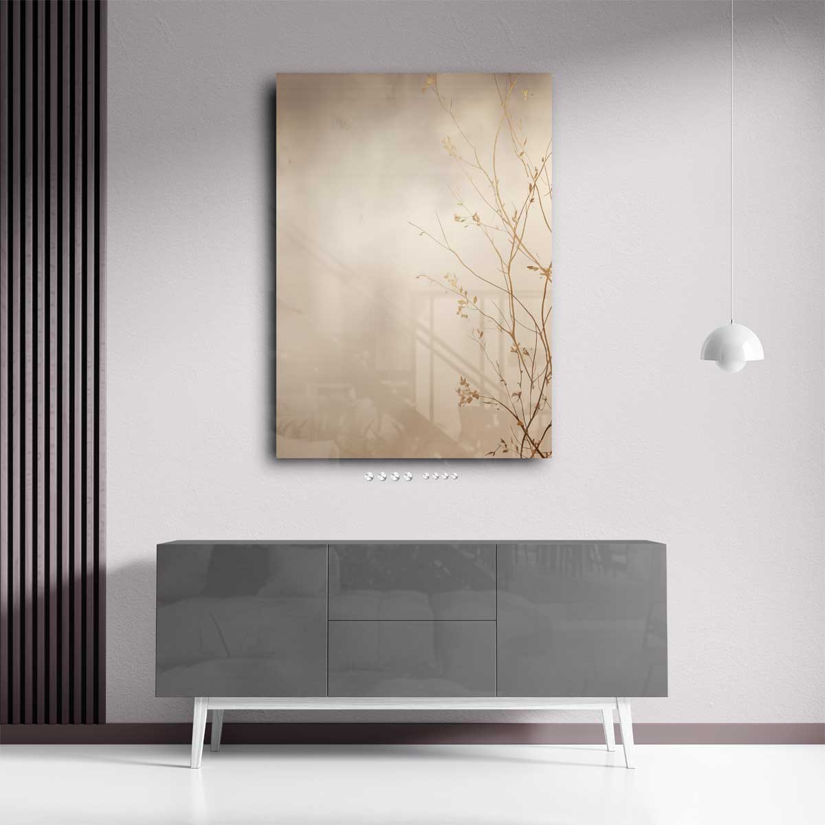 Gouden Zweepslag: Minimalistische Takken – plexiglas wanddecoratie in portret formaat