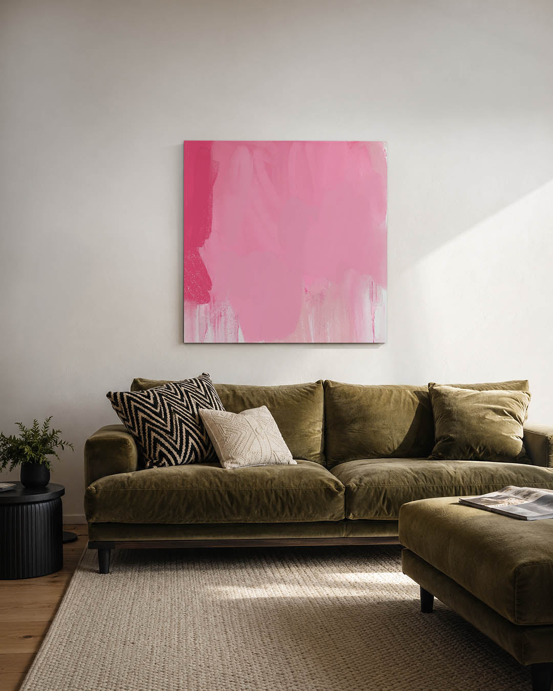 Roze vormen compositie kunstwerk – derde productweergave – dit werk toont een zachte mix van roze tinten met vloeiende