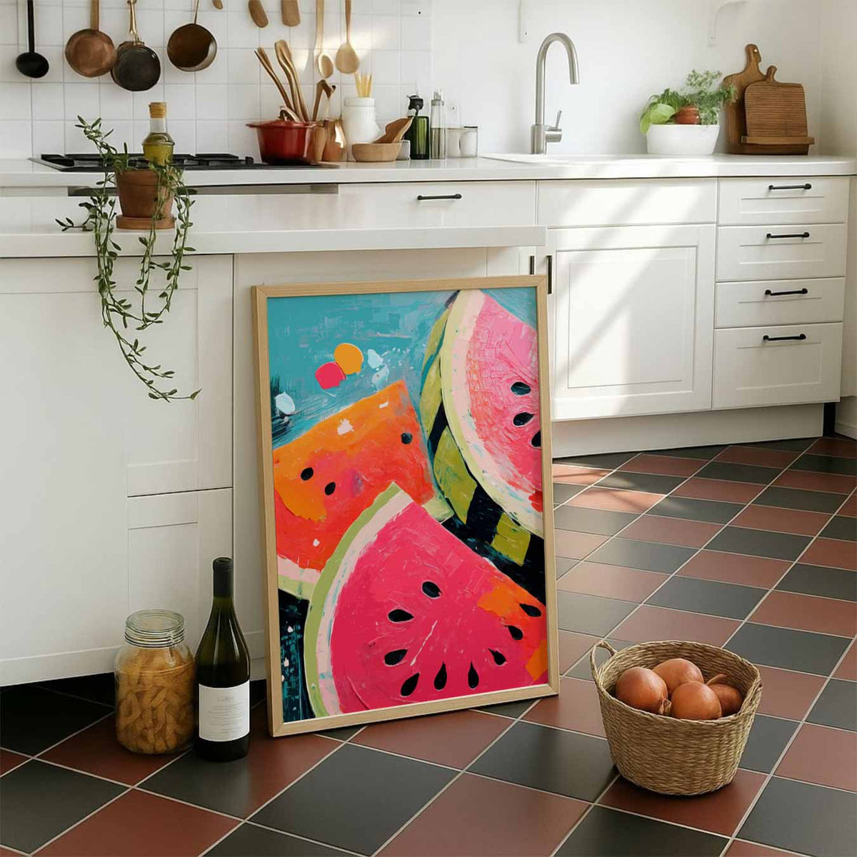 Vrolijke Watermeloen Kunstposter – staande muurposter voor keuken of eethoek