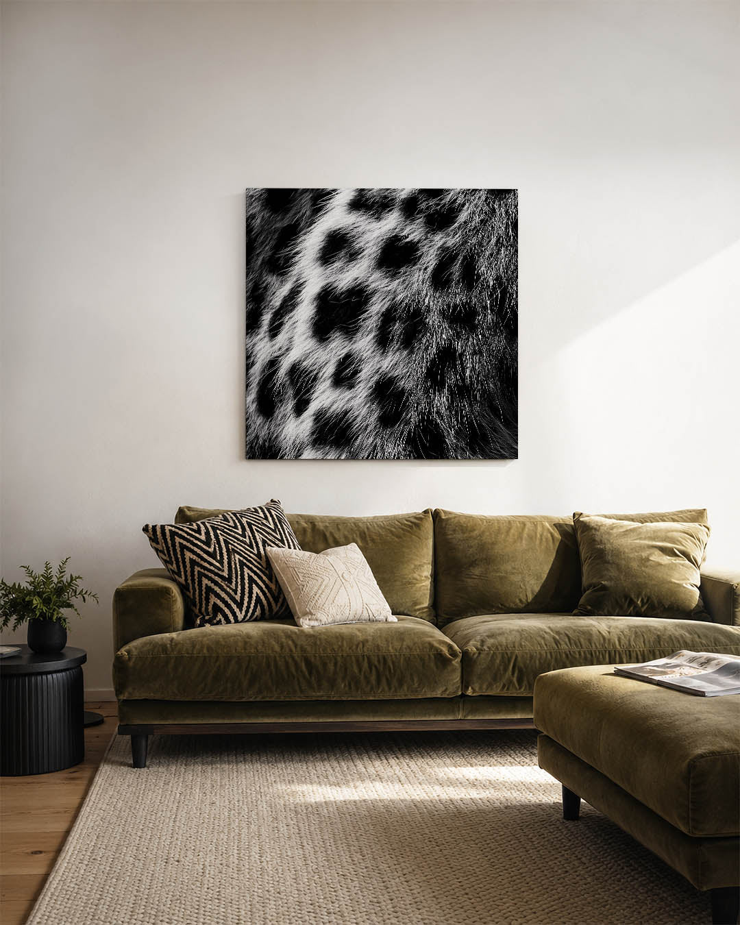 Dierenprint textuur kunstwerk – sfeerbeeld – dit kunstwerk toont een gedetailleerde zwart-wit textuur van dierenhuid met