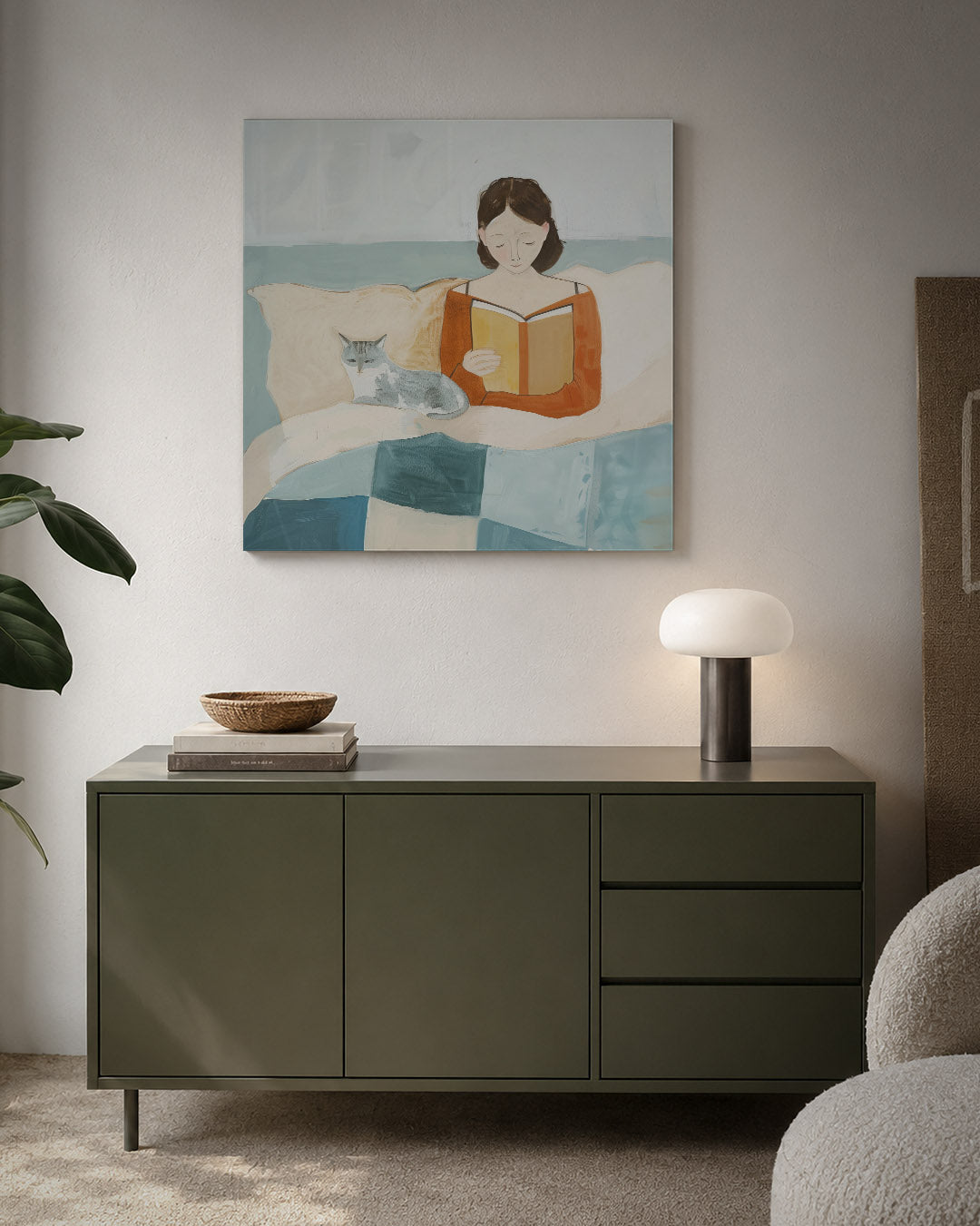 Lezende vrouw met kat kunstwerk – detailweergave – dit werk toont een vrouw die een boek leest met een kat naast haar. De