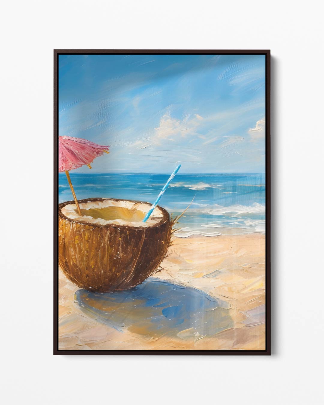 Kokosnoot op het Strand – portret kunstwerk als wanddecoratie