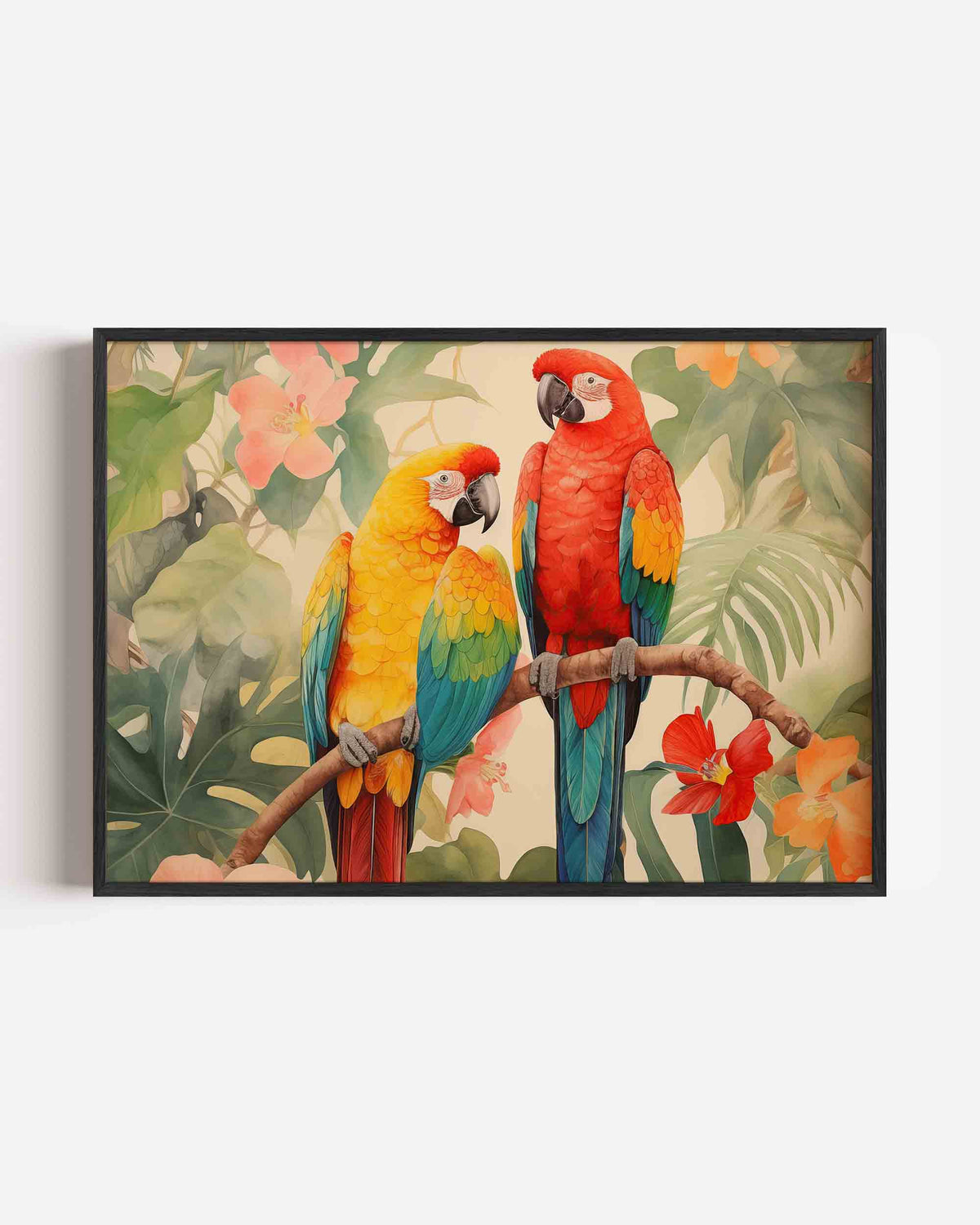 Papegaaien en bloemen – jungle landscape poster als wanddecoratie