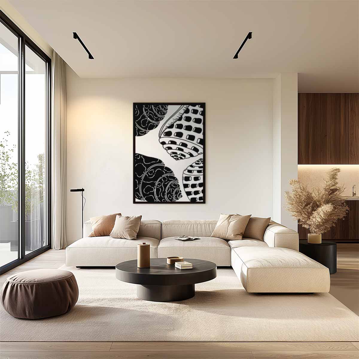 Schelpenpatroon in Zwart-Wit – plexiglas wanddecoratie in portret formaat