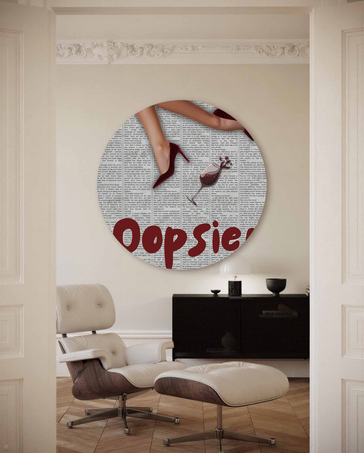 Oopsie rode hakken – kleurrijke Pop Art muurcirkel voor aan de muur