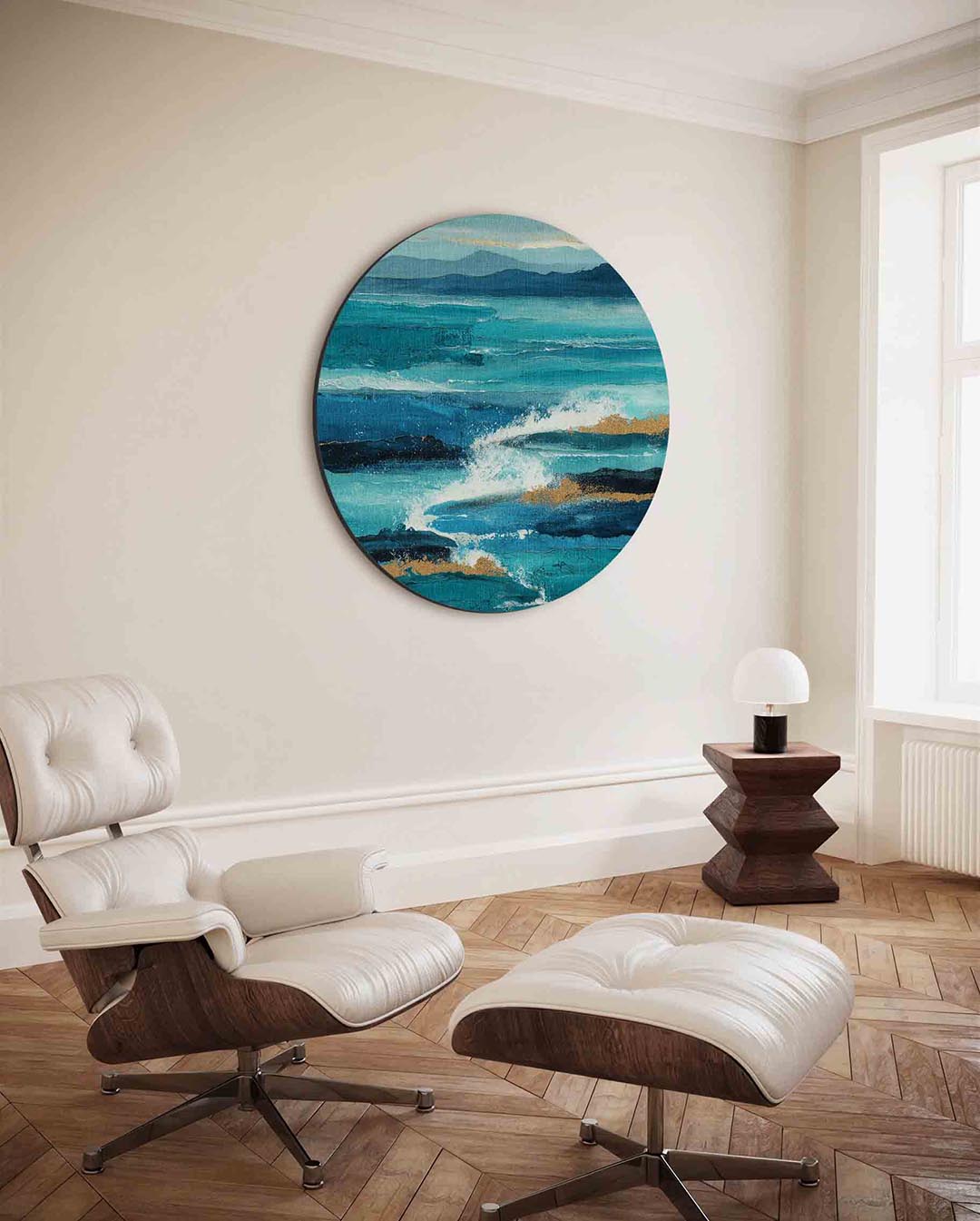 Zeezicht – ronde wanddecoratie met abstract ontwerp