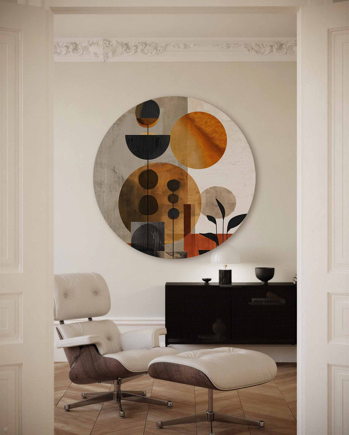 Geometrische vormen en planten – moderne abstracte muurcirkel voor aan de muur
