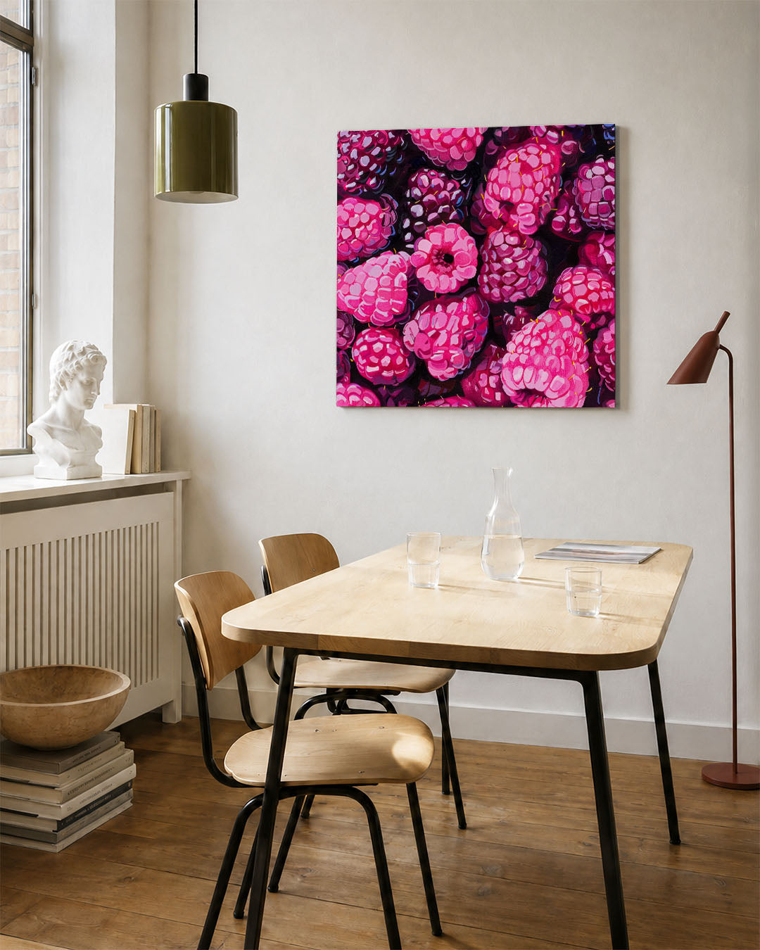 Fruitige patronen kunstwerk – vierkante wanddecoratie – dit kunstwerk toont een levendige verzameling van frambozen in
