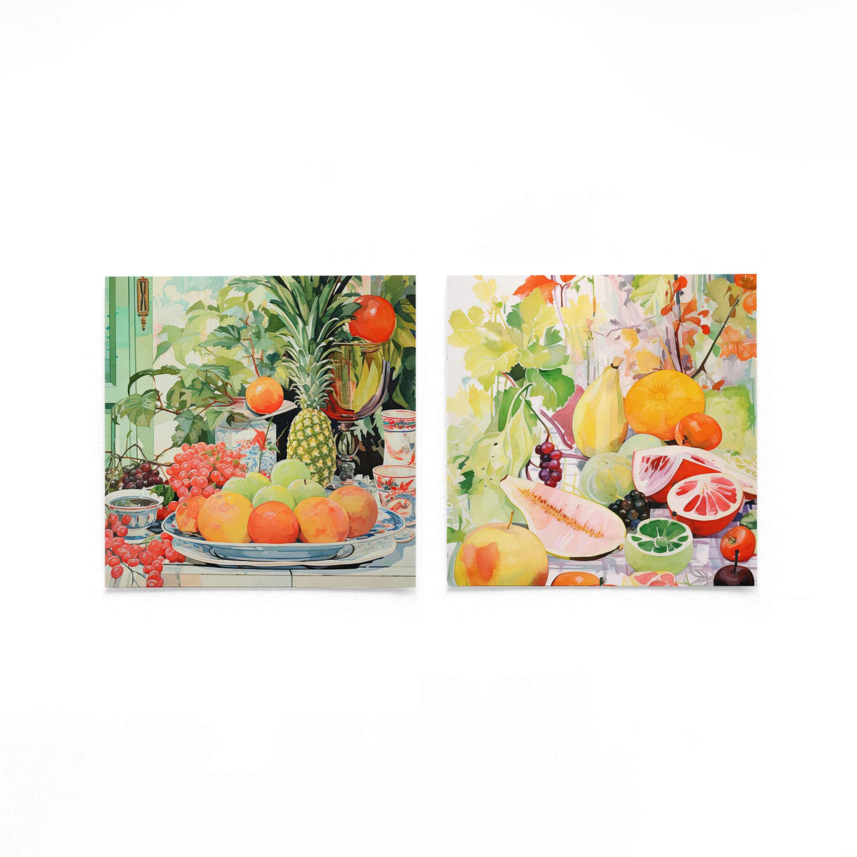 Twee vierkante posters met citrus en fruit op een gebroken witte achtergrond