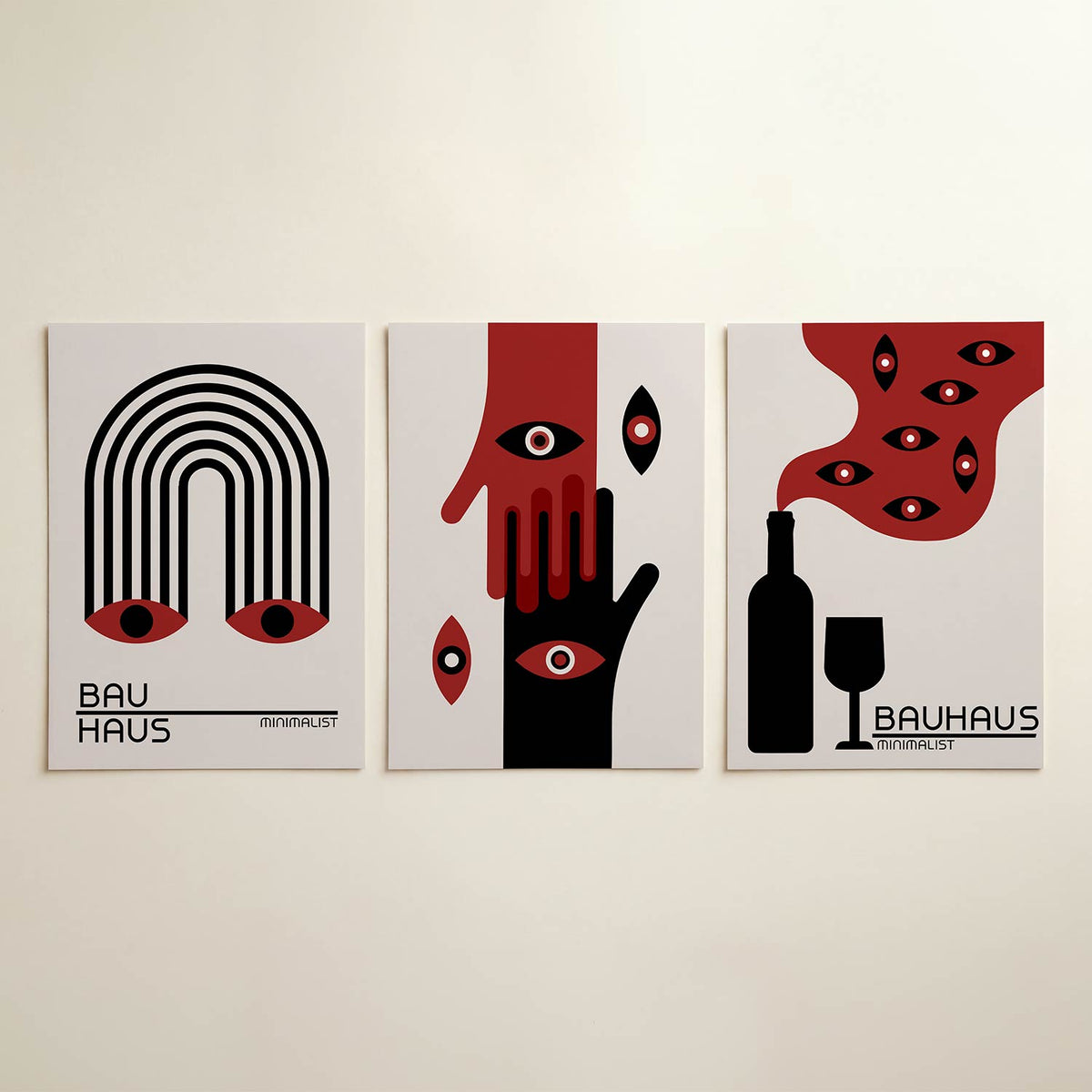 Lijnen en ogen posterset – detailweergave – deze posterset in drie delen toont een boog van zwarte lijnen met twee rode ogen