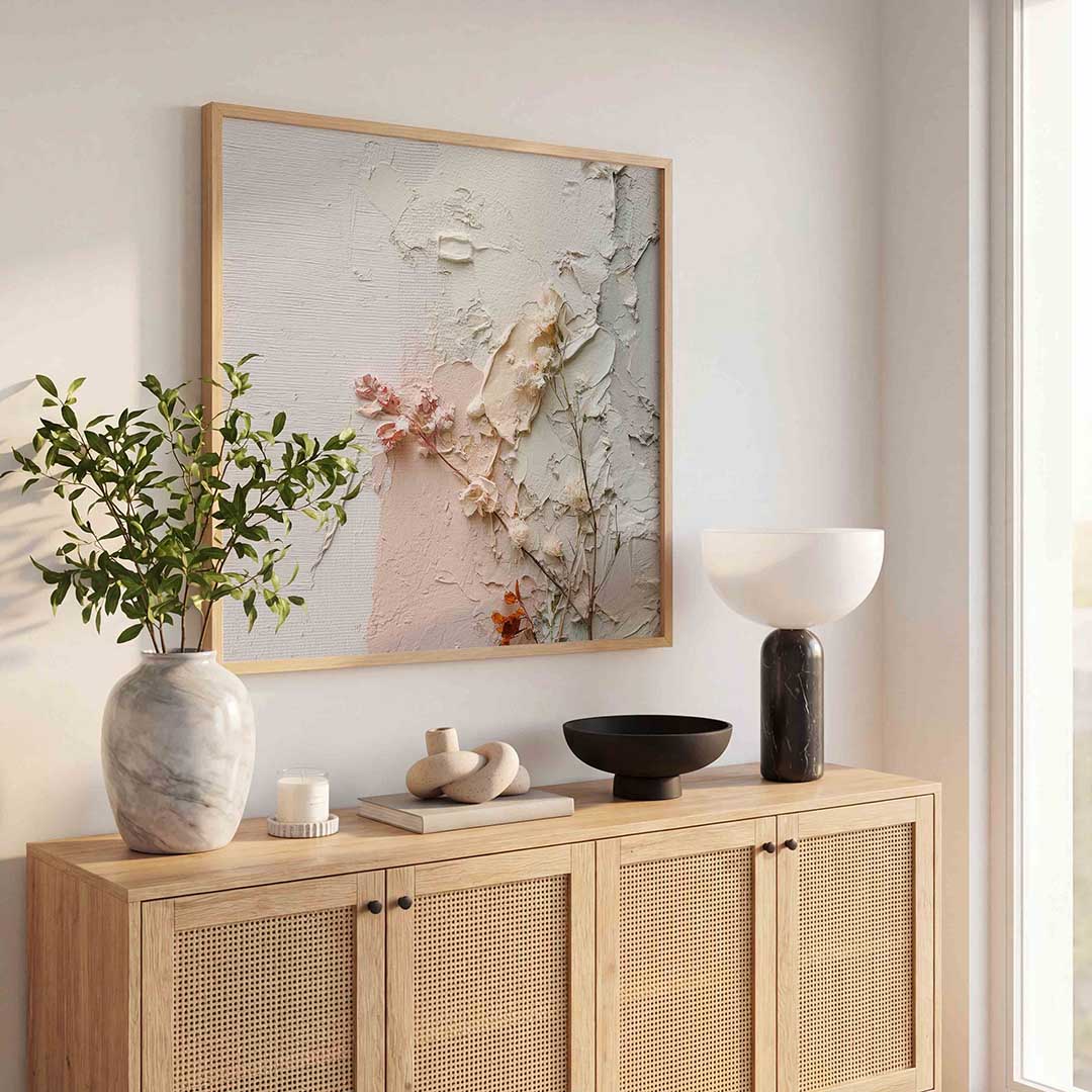 Gedroogde bloemen en textuur – abstracte wandkunst als vierkante poster