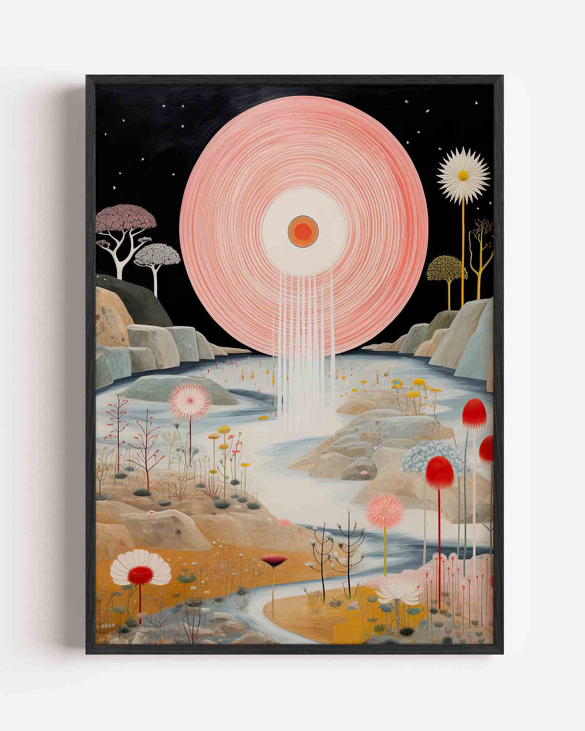 Landschap met grote roze cirkel – surrealistische portret poster als wanddecoratie