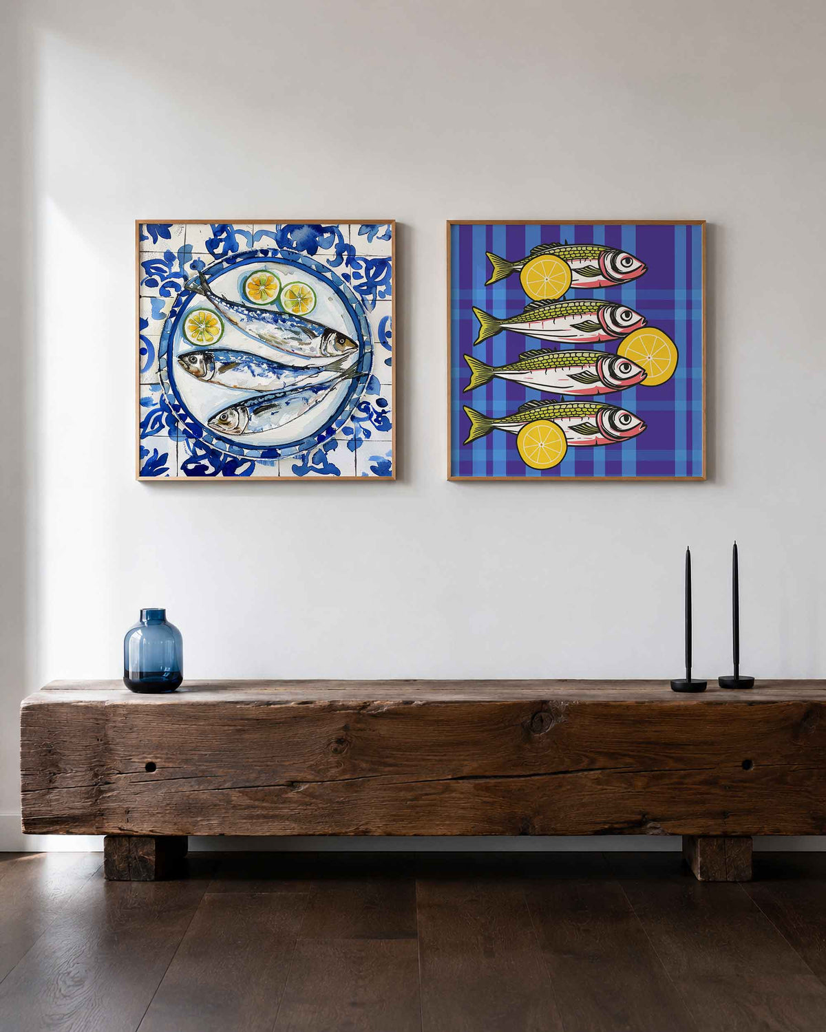Interieurpresentatie van een tweedelige vierkante posterset met vissen en citroenen