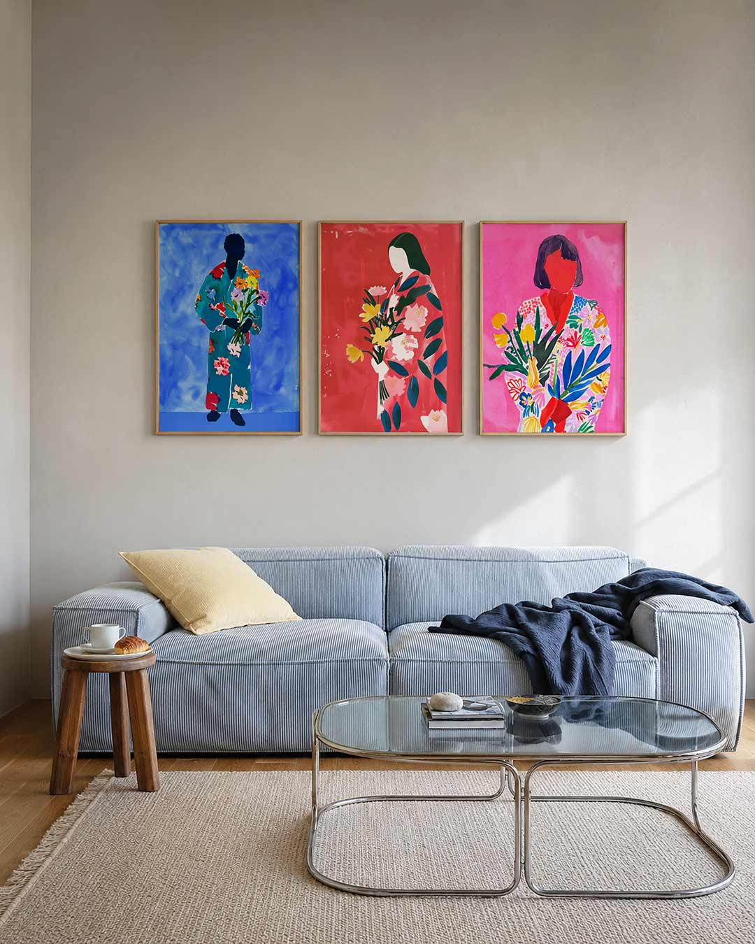 Bloemen en silhouet posterset – tweede productweergave – een silhouet in een kleurrijk gewaad met bloemen tegen een