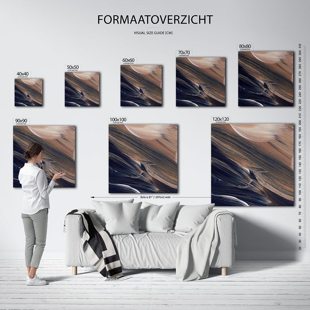 Abstracte kunstwerk – dit kunstwerk toont vloeiende penseelstreken in beige en zwart, met subtiele contrasten en een