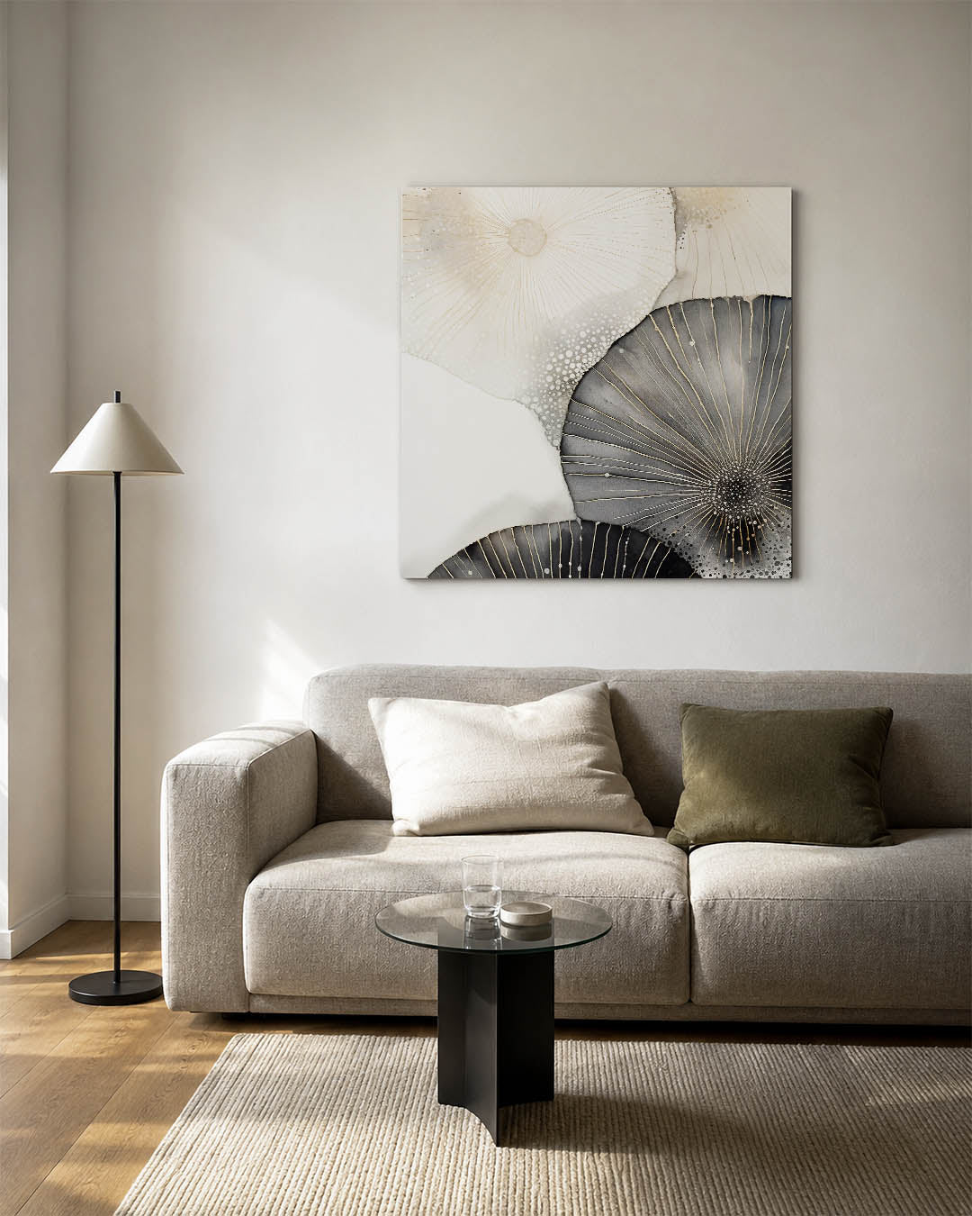 Organische vormen kunstwerk – vierkante wanddecoratie – dit werk toont vloeiende, cirkelvormige patronen met subtiele lijnen