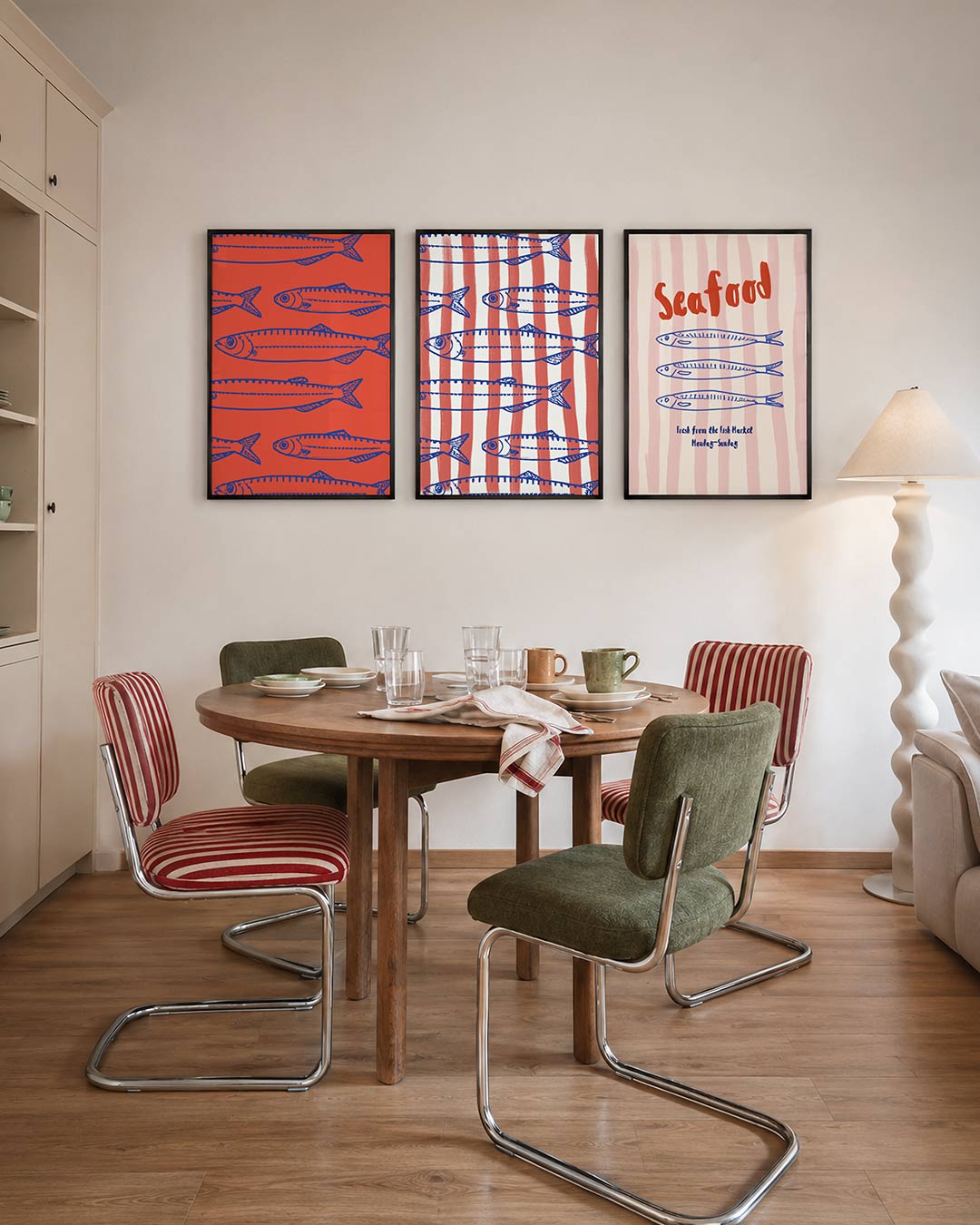 Vissenpatroon driedelige posterset – deze posterset in drie delen toont een levendig patroon van