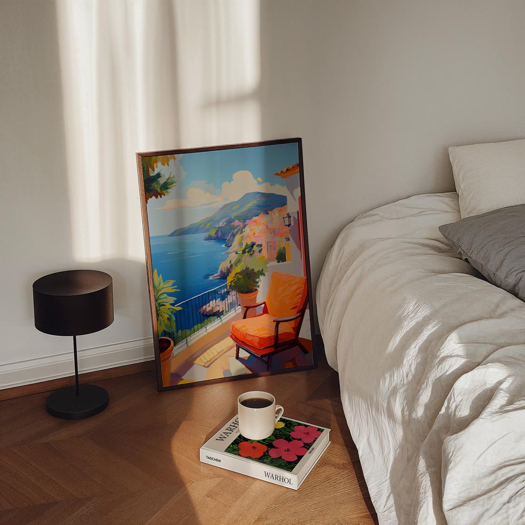 Zonnige Terras aan de Kust – staande zomer wanddecoratie van WallArtistic