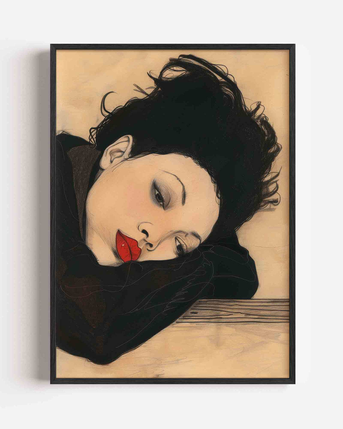 Vrouw met rode lippen – hedendaagse illustratie portret poster als wanddecoratie