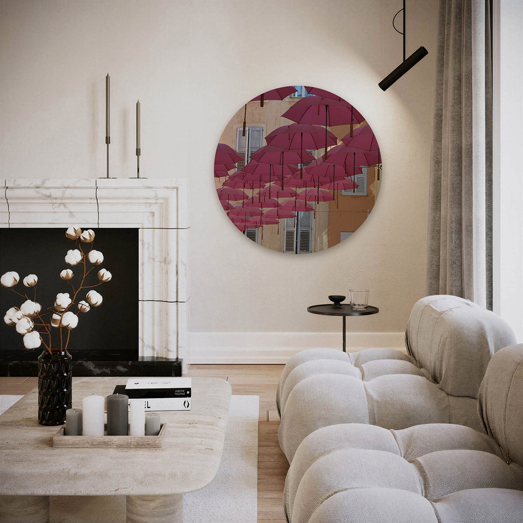 Roze paraplu's – ronde fotografie wanddecoratie van WallArtistic