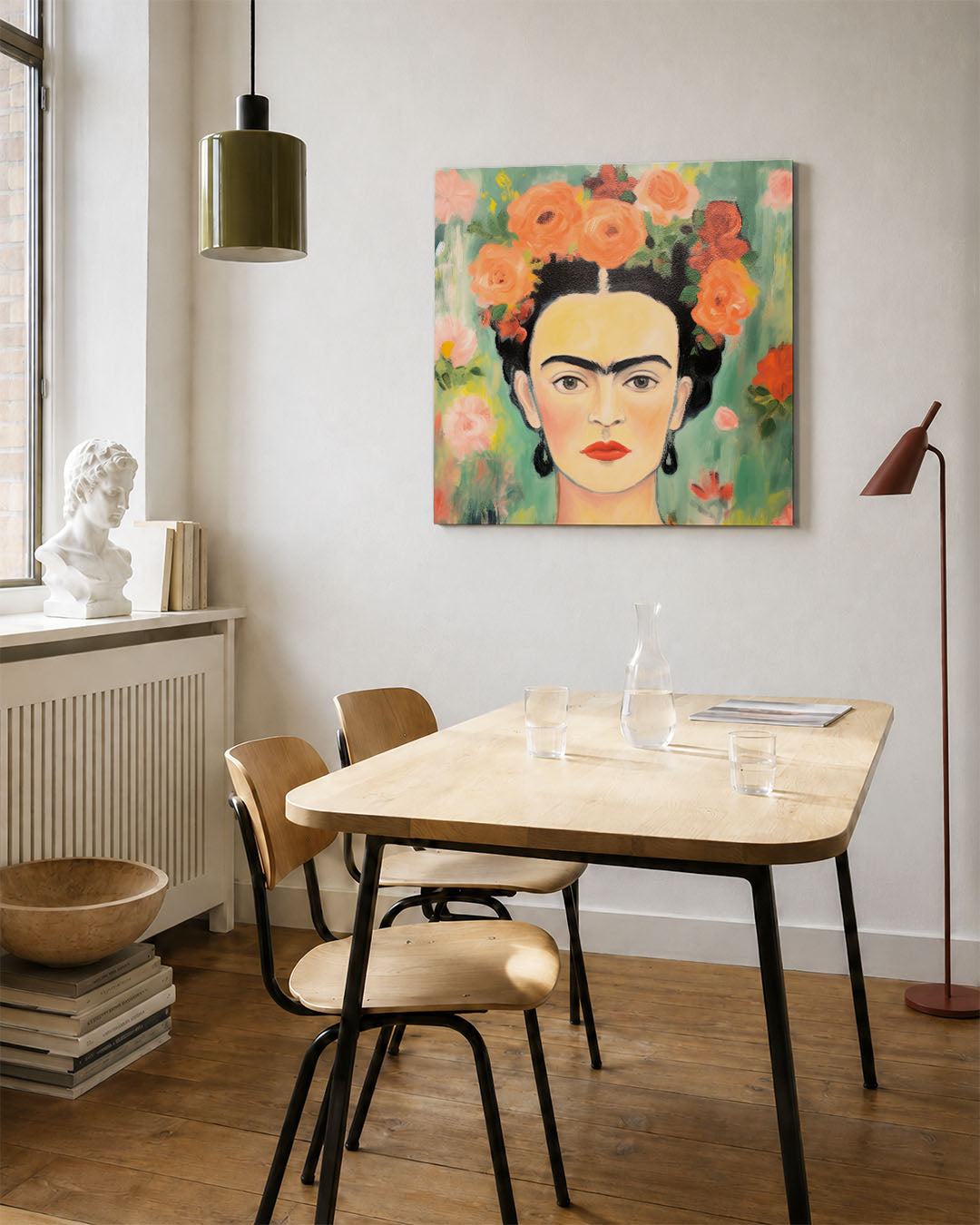 Bloemrijke portret kunstwerk – vierkante wanddecoratie – dit kunstwerk toont een centraal geplaatst gezicht omringd door