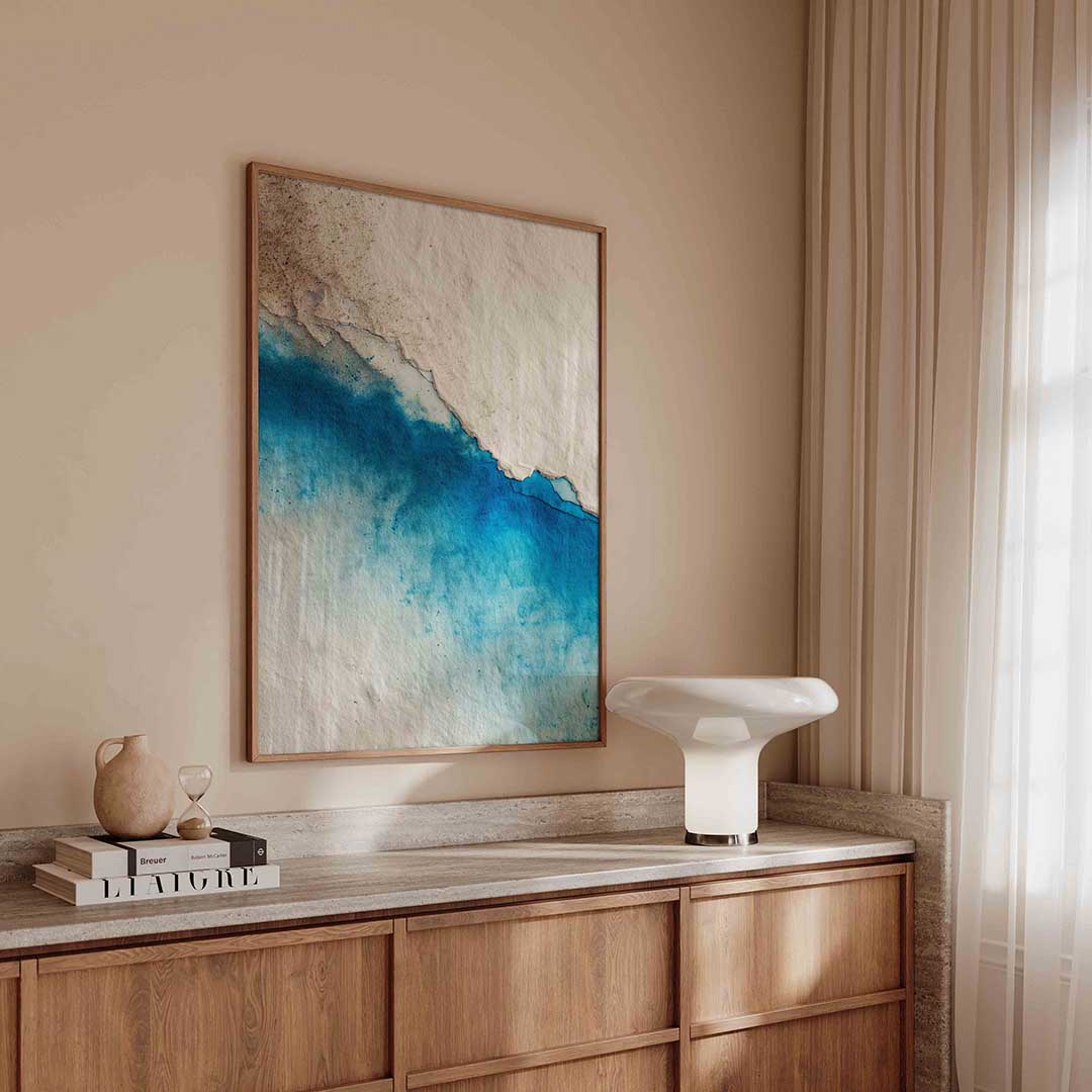 Blauwe en beige abstracte – abstracte poster in staand formaat