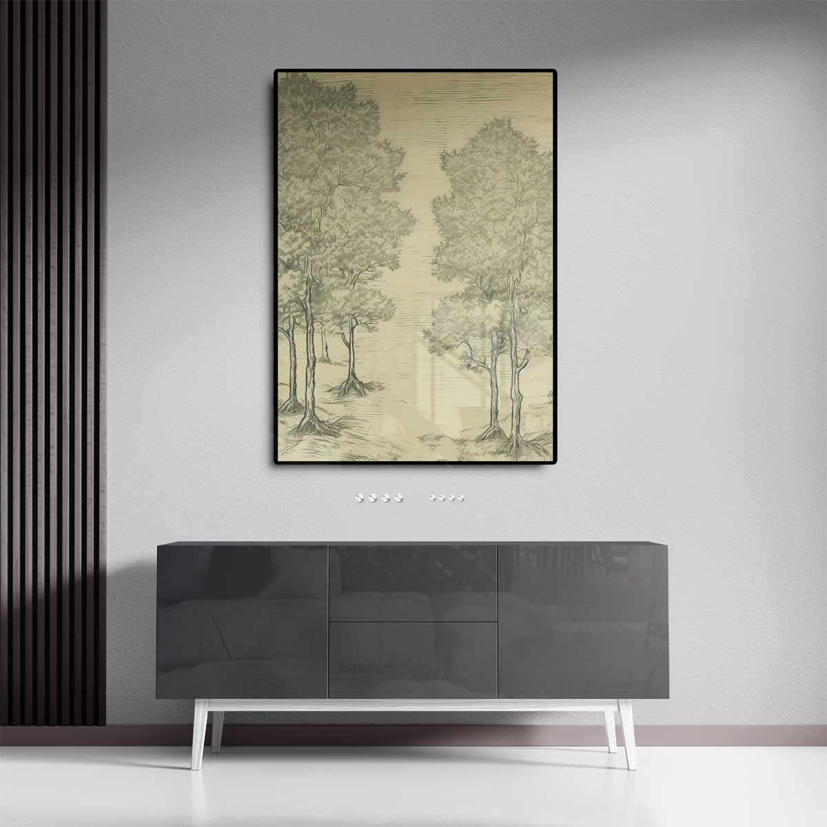 Boslandschap in Lijntekening – plexiglas kunstwerk als wanddecoratie