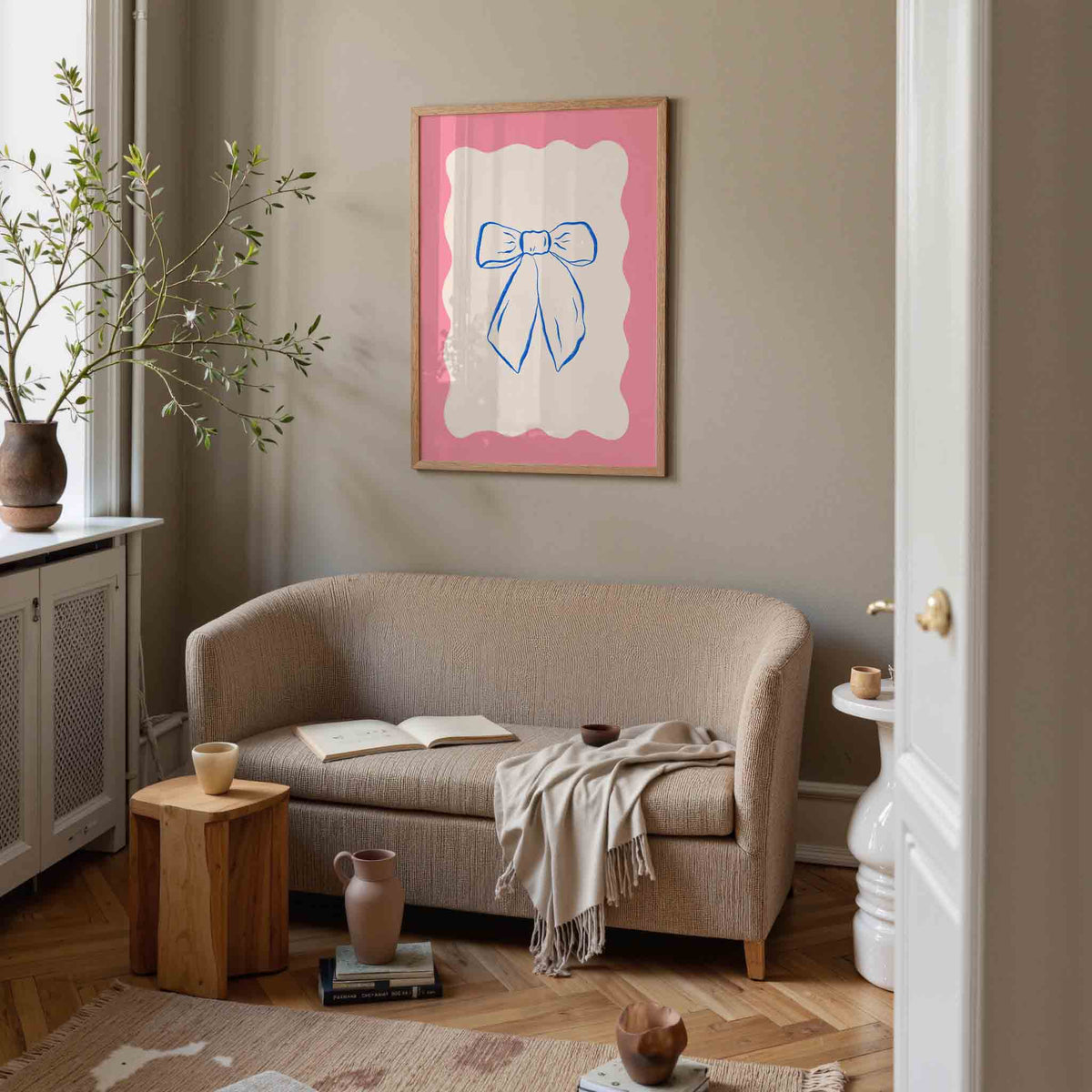 Strik op roze achtergrond – rustige poster in staand formaat