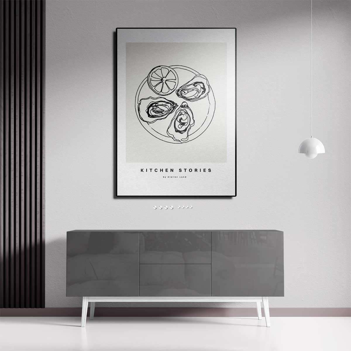 Zilte Geluk: Oesterillustratie – staande wandkunst voor woonkamer of interieur