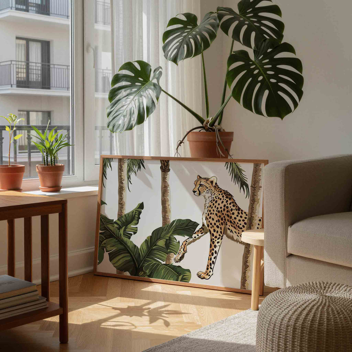 Luipaard en palmbomen – tropische wandkunst als landscape poster