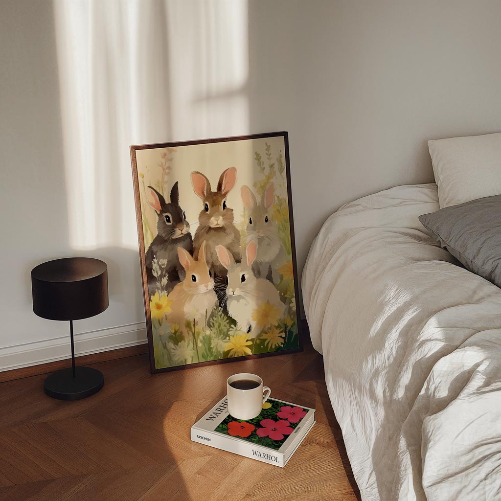 Schattige Konijnen in Bloemenveld – staande kinderkamer wanddecoratie van WallArtistic