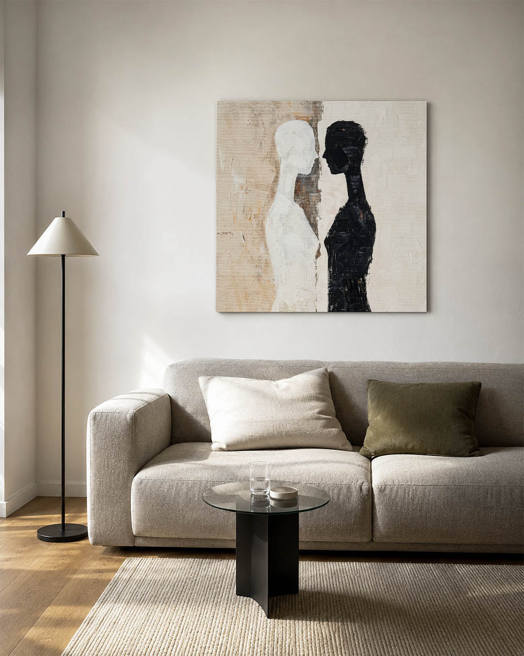 Tegenovergestelde figuren kunstwerk – vierkante wanddecoratie – dit kunstwerk toont twee silhouetten in zwart en wit
