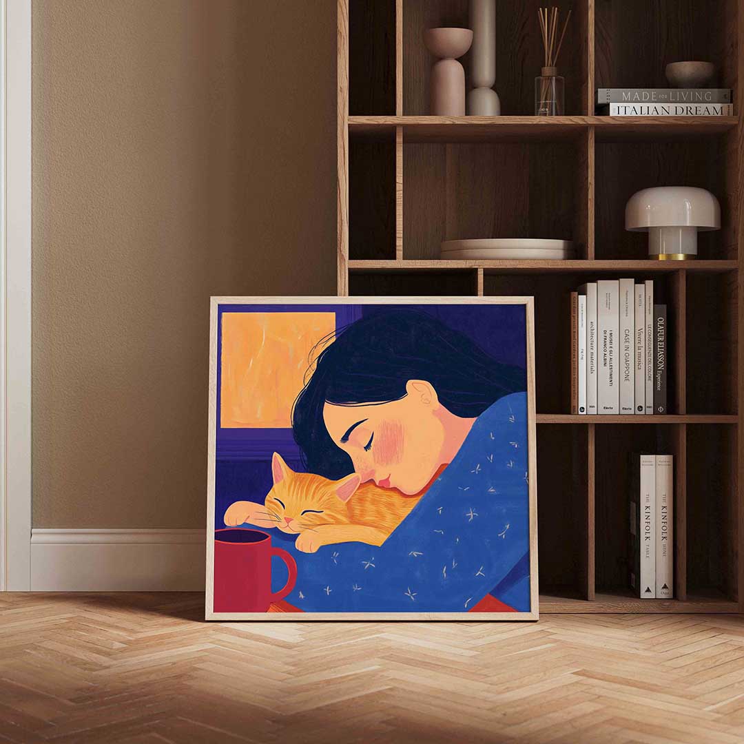 Meisje met kat – moderne poster in vierkant formaat