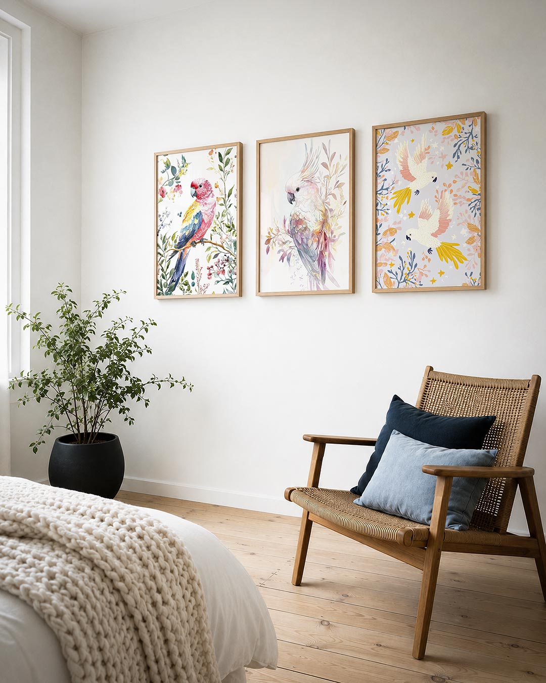 Vogel en bloemen posterset – detailweergave – een kleurrijke vogel zit op een tak, omringd door delicate