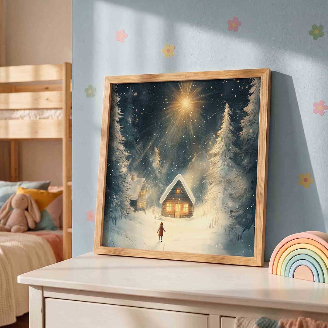 Winterlandschap met huisjes – speelse wandkunst als vierkante kinderposter