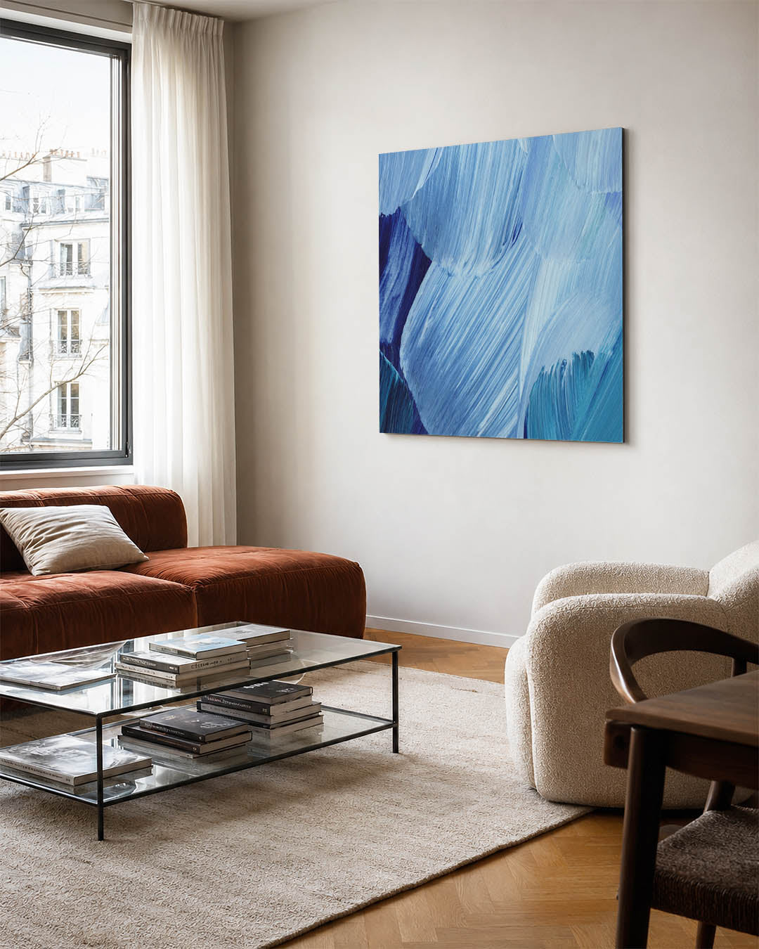 Dynamische blauwe borstels kunstwerk – vierkante wanddecoratie – dit kunstwerk toont vloeiende penseelstreken in