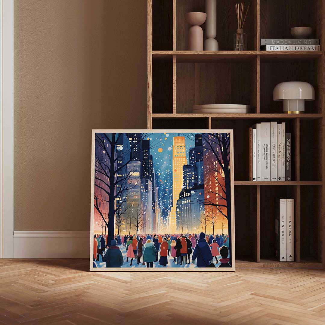 Winterse stadswandeling – kerstposter in vierkant formaat