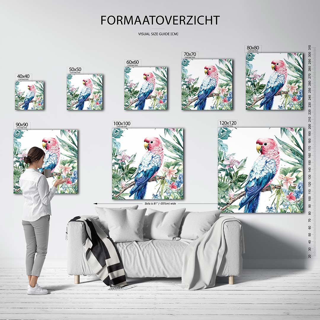Vrolijke vogel illustratie kunstwerk – dit kunstwerk toont een kleurrijke vogel omringd door weelderige bladeren en bloemen