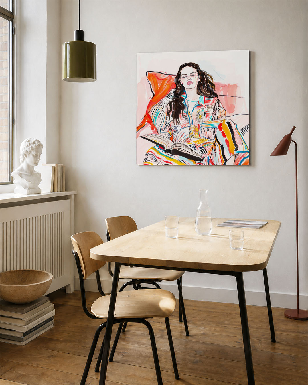 Kleurrijke lezing kunstwerk – vierkante wanddecoratie – dit werk toont een persoon in een kleurrijke omgeving met levendige