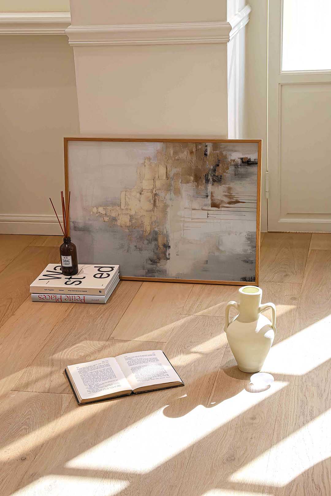 Abstracte beige en grijze – liggende abstracte wanddecoratie van WallArtistic