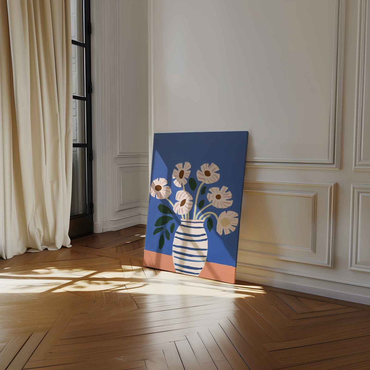 Stralende Bloemen in Gestreepte Vaas – portret kunstwerk als wanddecoratie, afbeelding 14