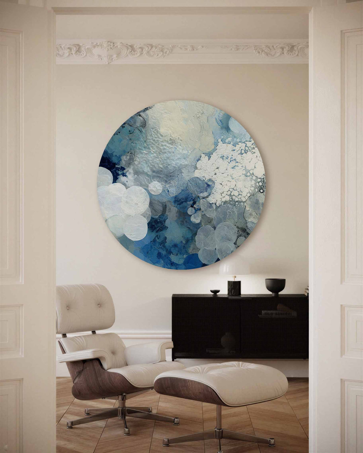 Blauwe en witte cirkels – moderne abstracte muurcirkel voor aan de muur
